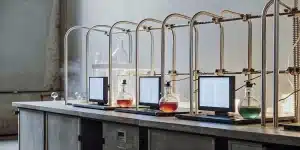 Laboratoire synthétique avec béchers colorés, moniteurs et structures métalliques.
