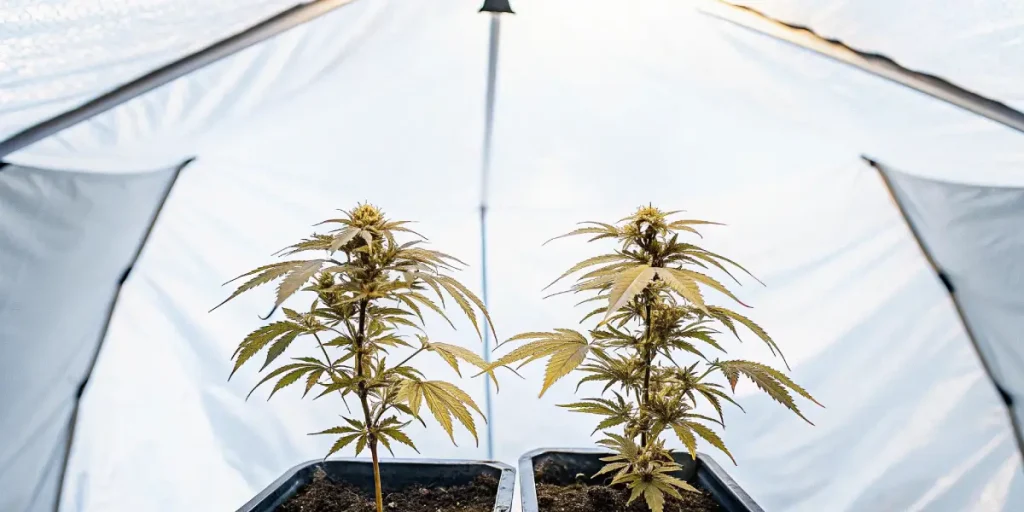 Deux jeunes plants de cannabis Afghan Kush x Blueberry en pots, culture intérieure sous tente.