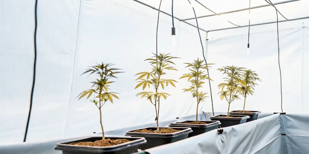 Quatre jeunes plants de cannabis en pots dans une serre intérieure lumineuse, éclairage suspendu.