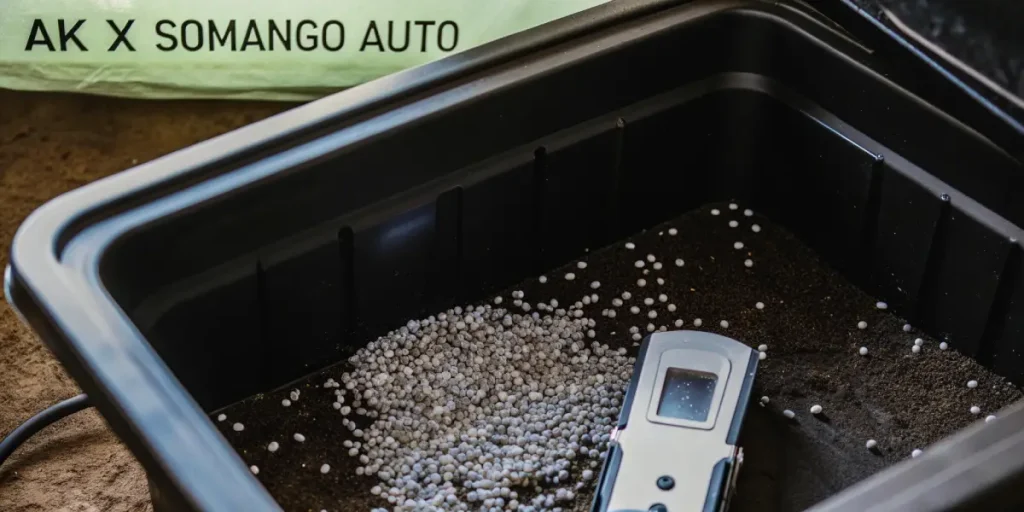 Granulés blancs et terre dans un bac de culture noir pour AK x Somango Auto.