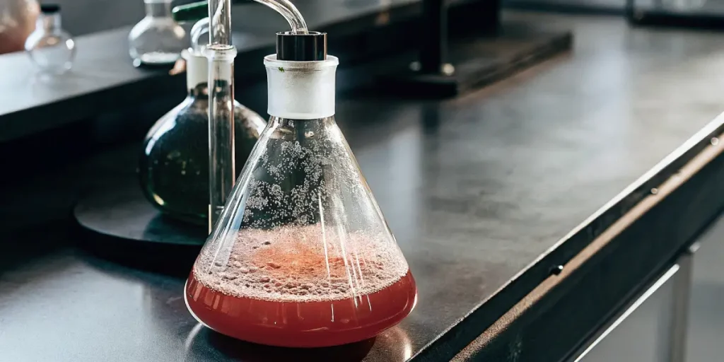 Béchers et ballon de laboratoire contenant liquide rouge bouillonnant.