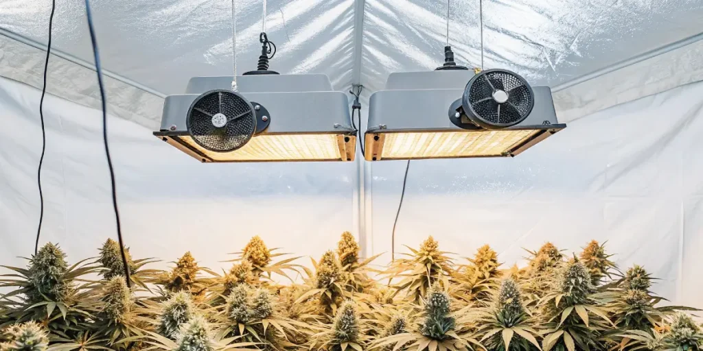 Pièce de culture intérieure de cannabis, têtes sous lampes LED.