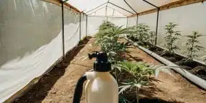 Plants de cannabis Alien OG jeunes en serre, système d'irrigation visible.