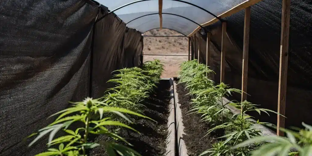 Jeunes plants de cannabis dans une serre extérieure ombragée, alignés.