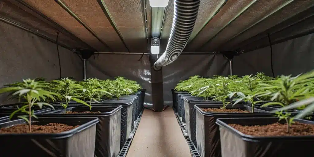 Advanced indoor cannabis cultivation setup with rows of cannabis plants in black fabric pots under LED grow lights and ventilation system