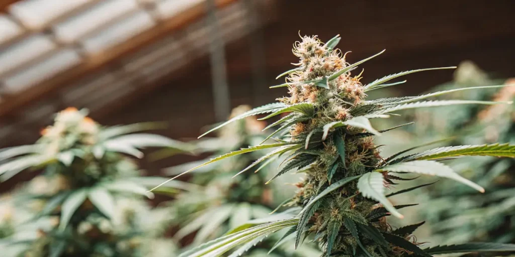 Gros plan d'un bourgeon de cannabis en pleine floraison dans une serre moderne
