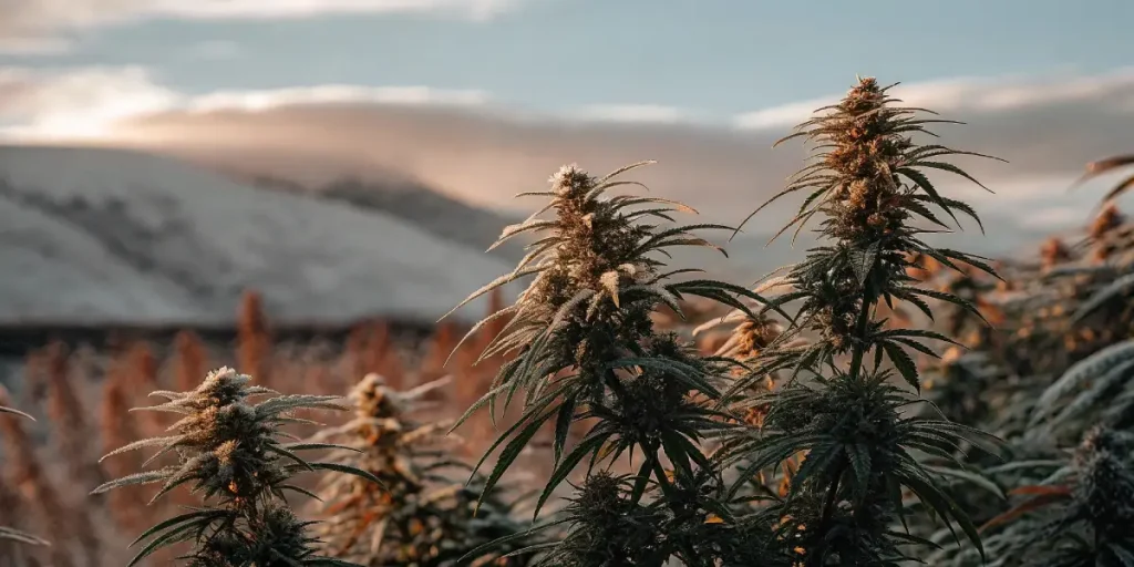 plantes de cannabis couvertes de givre avec des montagnes enneigées en arrière-plan
