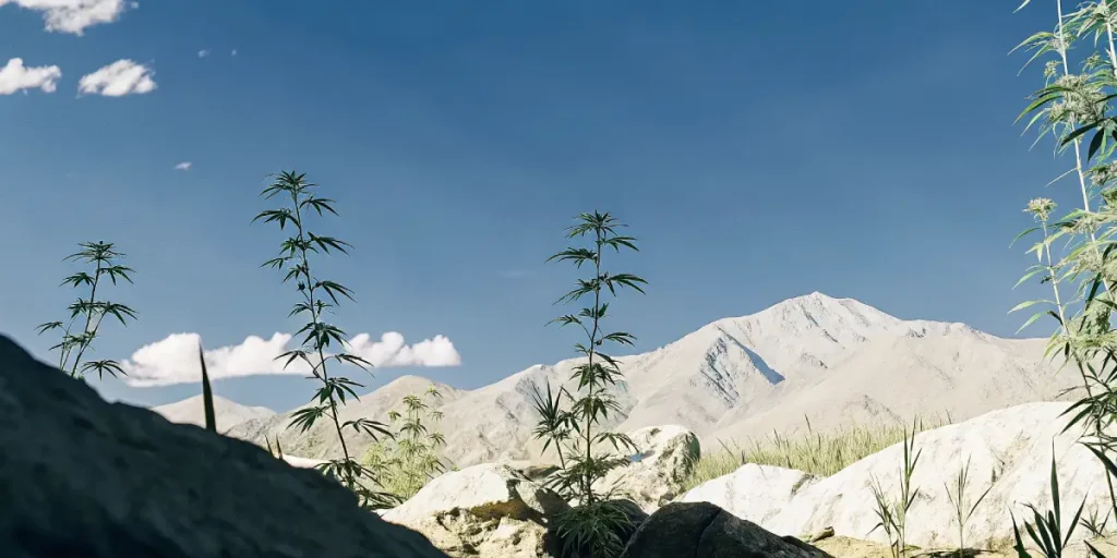 Cannabis sativa plants growing outdoors in the Afghan mountains with a clear blue sky in the background