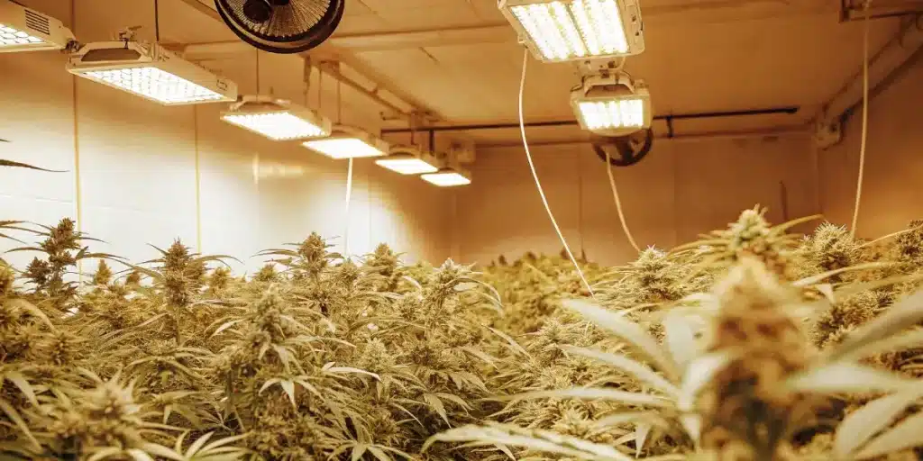 Gros plan sur des têtes de cannabis colorées avec des feuilles orangées en phase de floraison