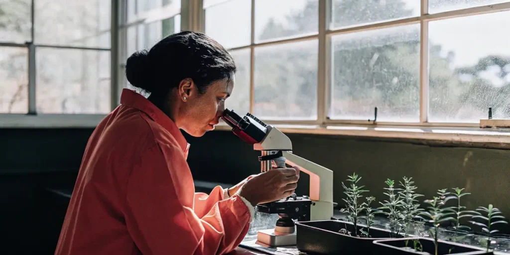 Chercheuse observant des jeunes plants de cannabis au microscope en laboratoire