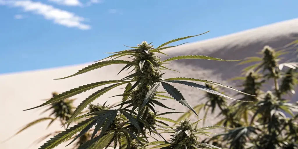 gros plan sur une plante de cannabis robuste poussant parmi les dunes de sable