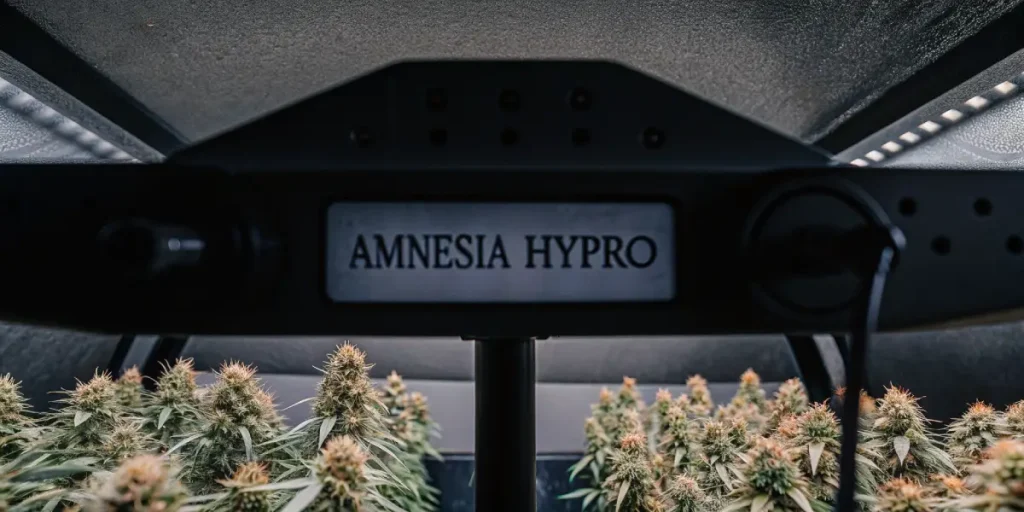 Gros plan de la variété de cannabis Amnesia Hypro sous des lumières de croissance.