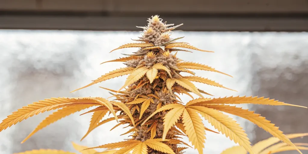 Gros plan détaillé d'une tête de cannabis Amnesia Kush aux couleurs dorées.