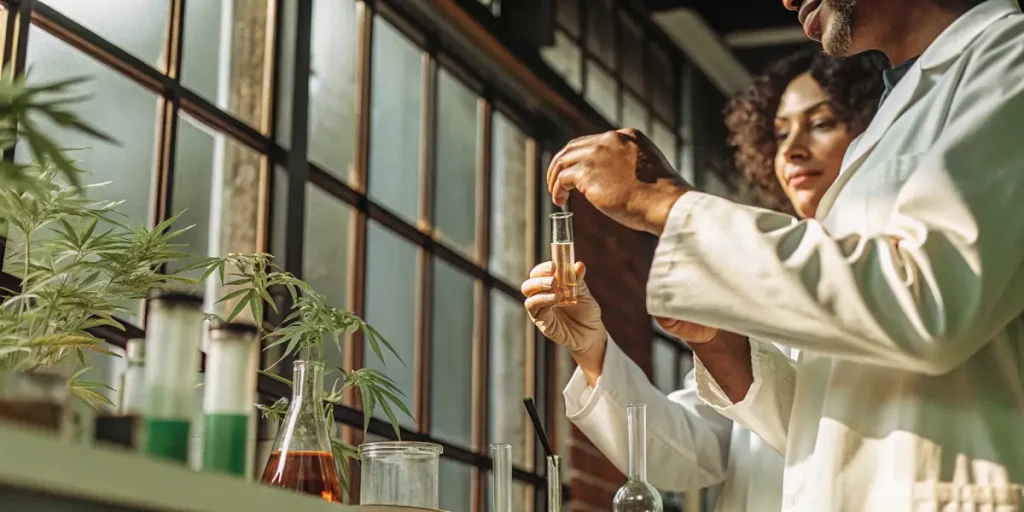 Scientifiques en blouses manipulant éprouvettes avec plantes de cannabis en laboratoire lumineux.