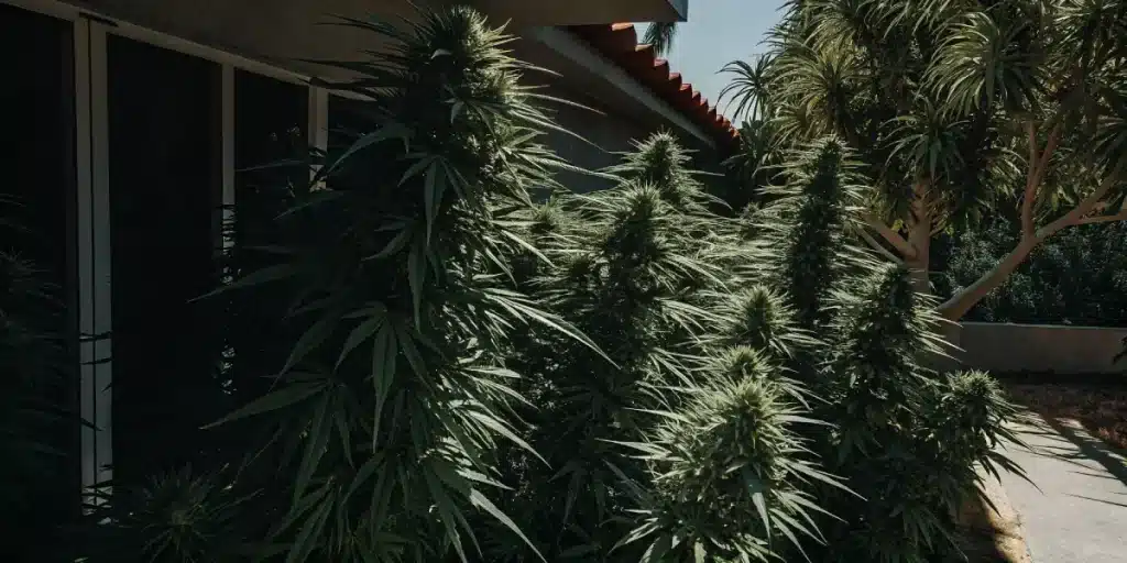 Grands plants de cannabis poussant près d'une maison dans un jardin ensoleillé.