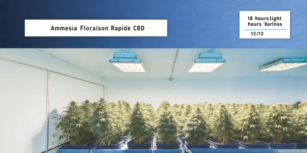Salle de culture de cannabis "Amnesia Floraison Rapide CBD" avec des lumières de croissance.