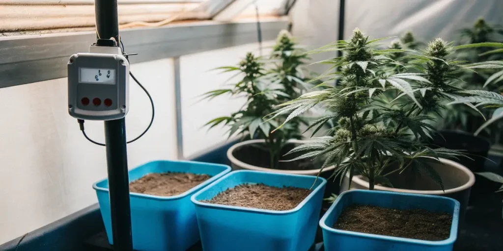 Plants de cannabis avec un contrôleur d'environnement dans une serre intelligente.