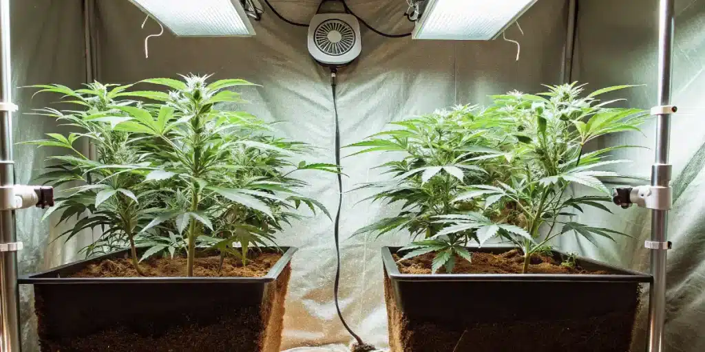 Jeunes plants de cannabis dans une tente de culture sous des lumières et un ventilateur.