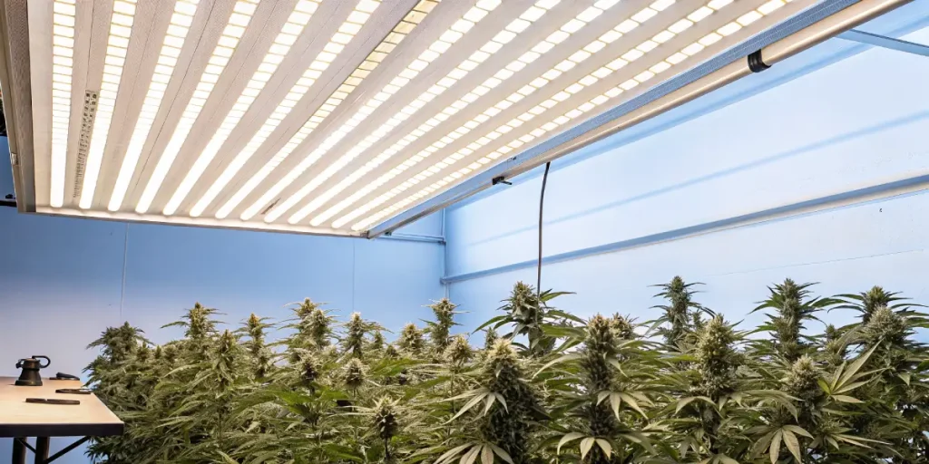 Rangées de plants de cannabis matures sous un grand panneau lumineux LED.