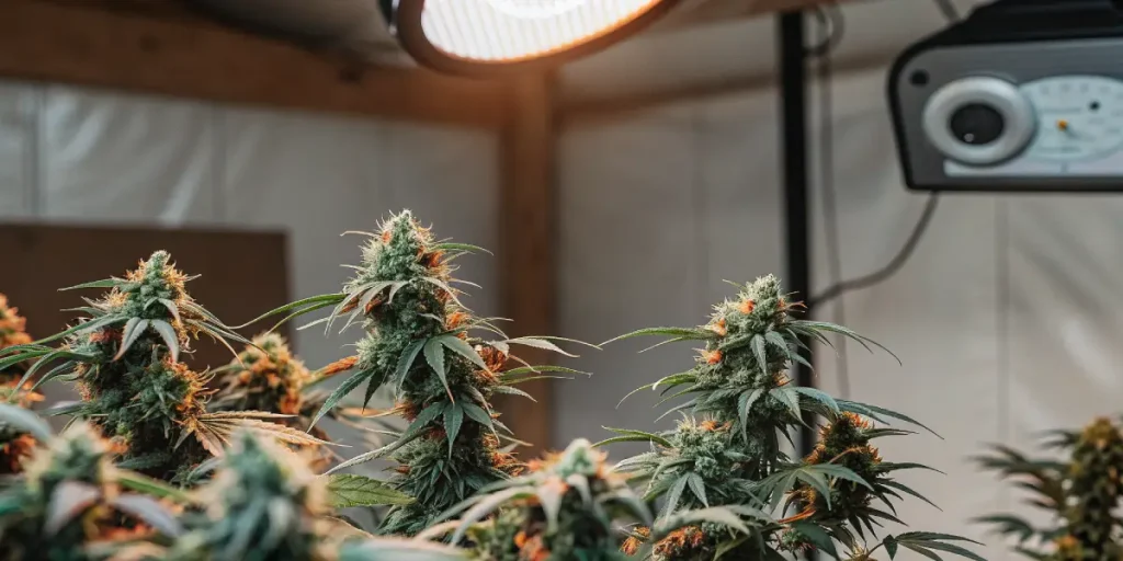 Gros plan de plants de cannabis sous une lampe de culture et un capteur d'environnement.