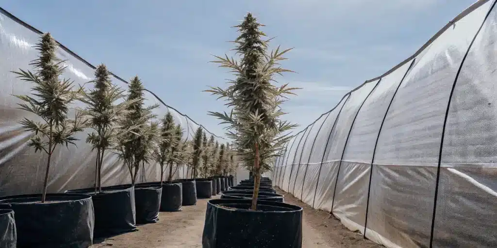 Rangées de grands plants de cannabis en pots noirs sous une serre extérieure.