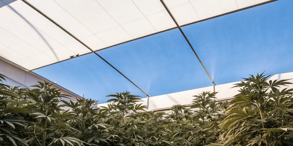 Plants de cannabis sous un toit translucide avec vue sur un ciel bleu.