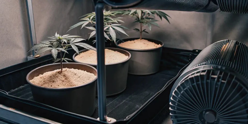 Jeunes plants de cannabis sous éclairage artificiel et ventilation dans une tente de culture.