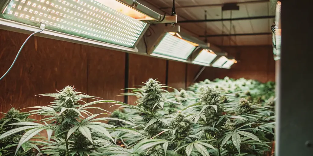 Culture de cannabis intérieure avec de nombreuses plantes sous des lampes de croissance.