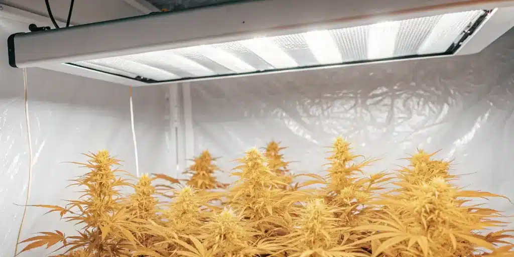 Rangées de plants de cannabis aux feuilles dorées sous un éclairage de croissance LED.