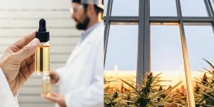 Main tenant flacon d'extrait doré, scientifique flou, et plante de cannabis sous fenêtre.