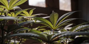 Feuilles de cannabis Amnesia x Nicole, rétro-éclairées par une fenêtre.