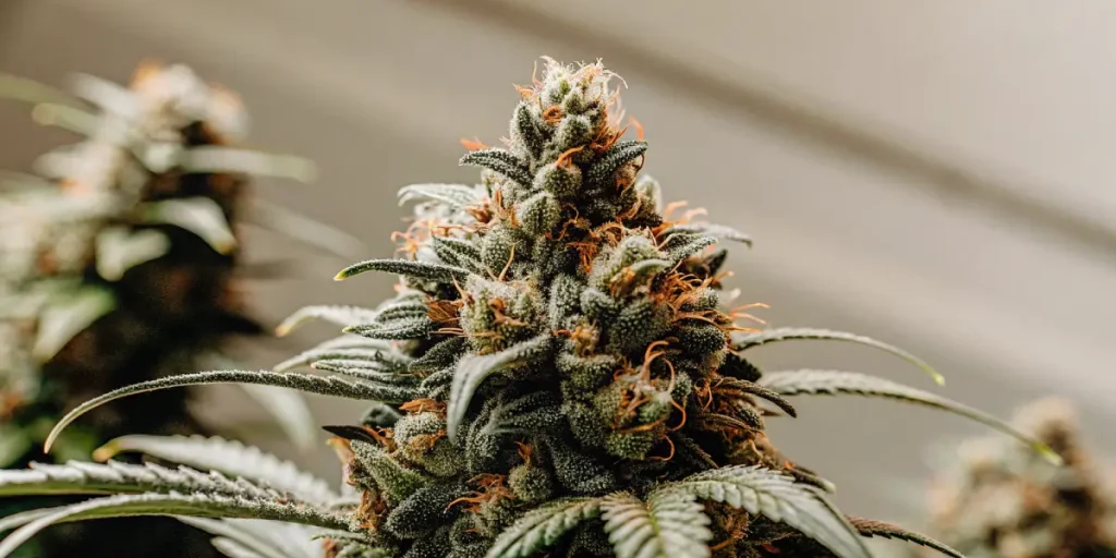 Gros plan d'une tête de cannabis mature avec des pistils orange et des trichomes.