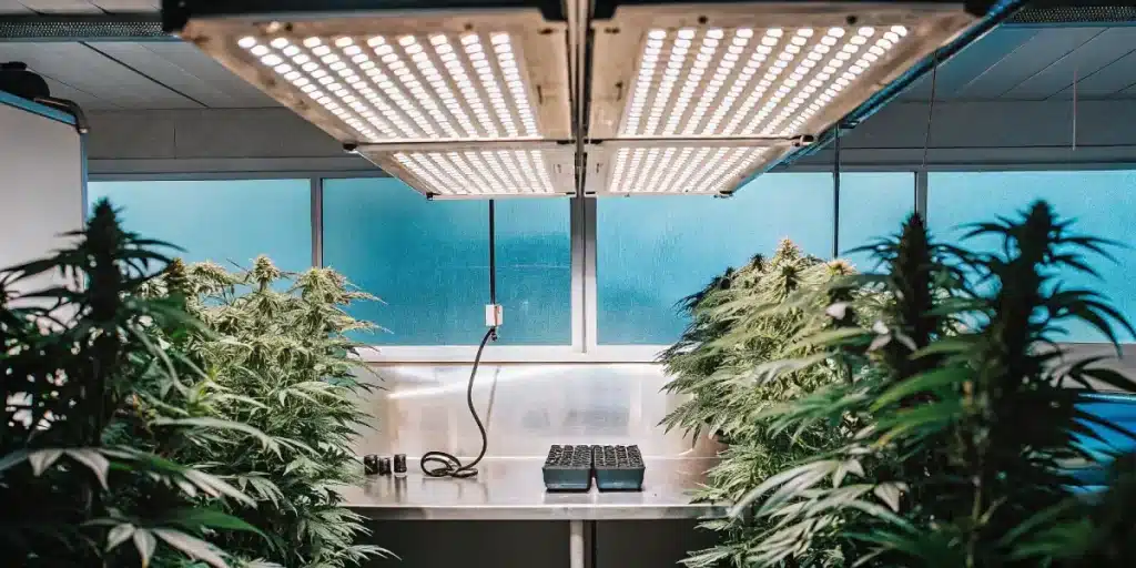 Laboratoire de cannabis avec des plantes sous des lampes de croissance LED.