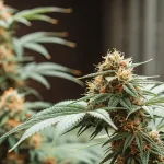 Gros plan de têtes de cannabis matures avec des pistils orange et blancs.