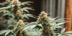 Gros plan de têtes de cannabis matures avec des pistils orange et blancs.