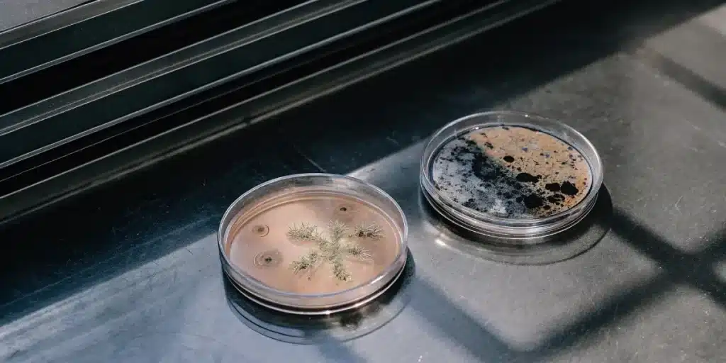 Scientifique tenant deux modèles moléculaires bleus étiquetés "THCA Synthase" et "CBDA Synthase".