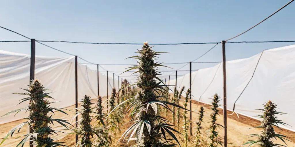 Culture de cannabis en extérieur sous des bâches de protection, ciel bleu en arrière-plan.