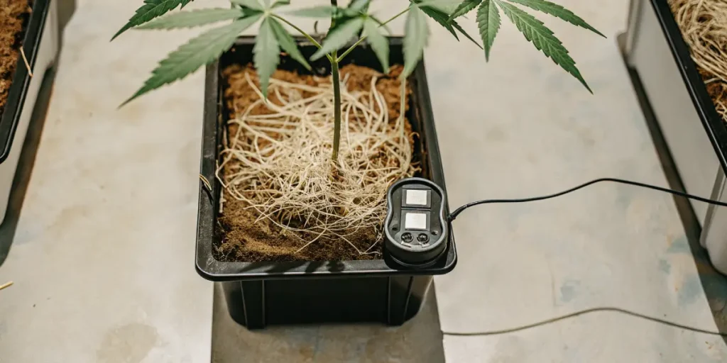 Jeune plant de cannabis avec son système racinaire visible dans un pot de culture.