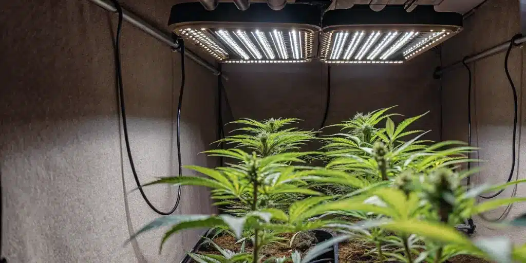 Plants de cannabis sous des panneaux lumineux LED dans une tente de culture intérieure.