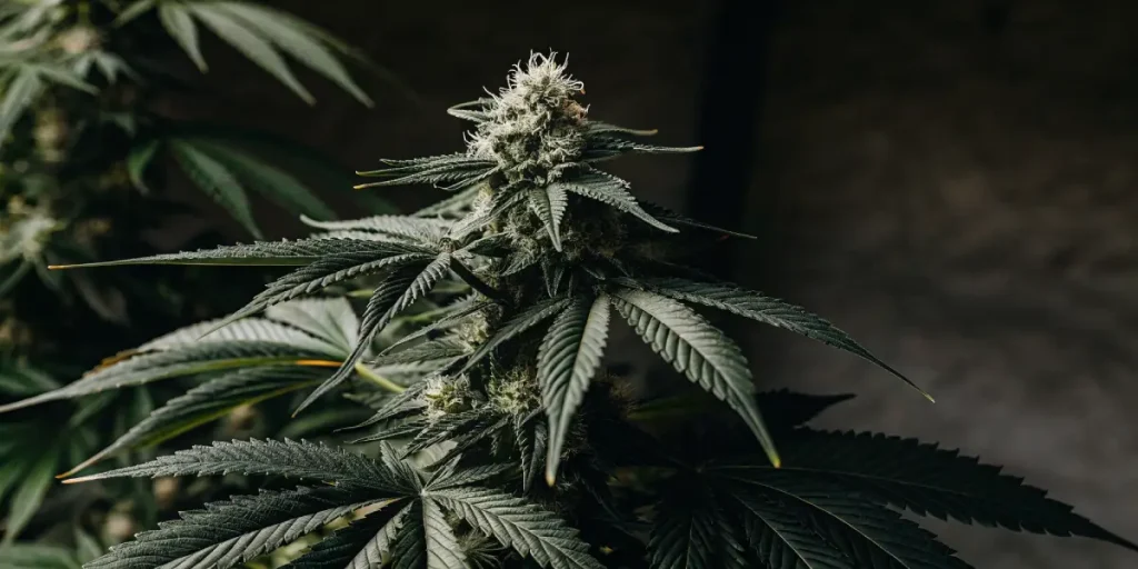 Gros plan hyper-réaliste d'une tête de cannabis "Amnesia" givrée.