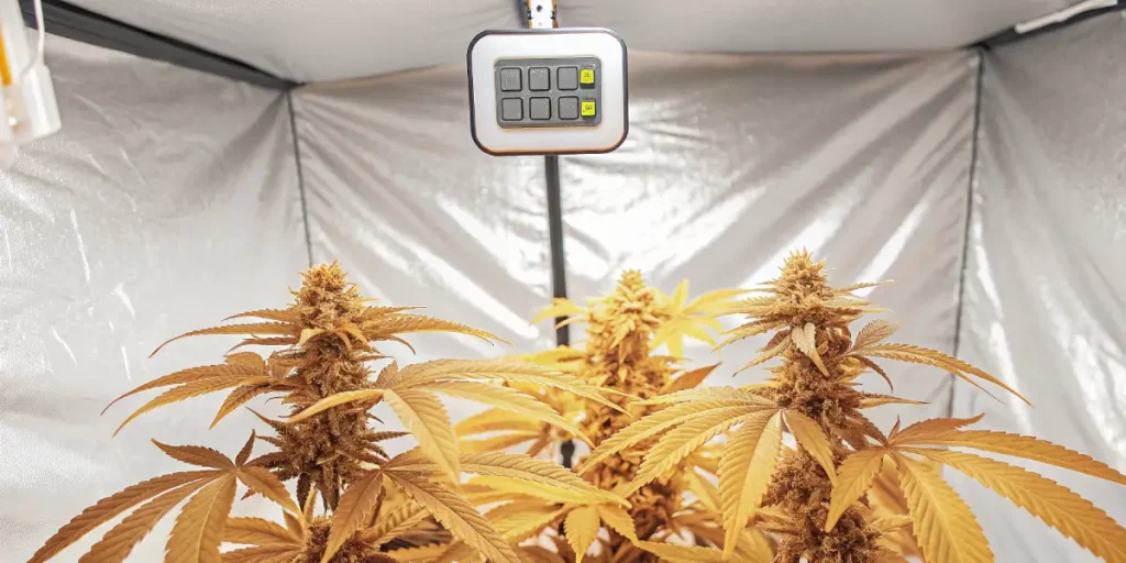 Têtes de cannabis de couleur dorée sous un boîtier de contrôle d'environnement.