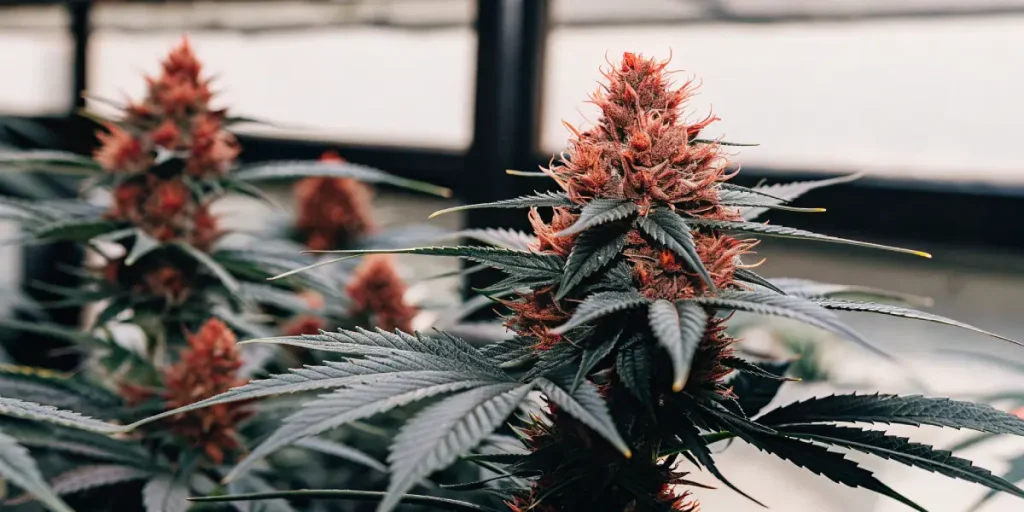 Gros plan détaillé d'une tête de cannabis rouge et sombre dans une serre.