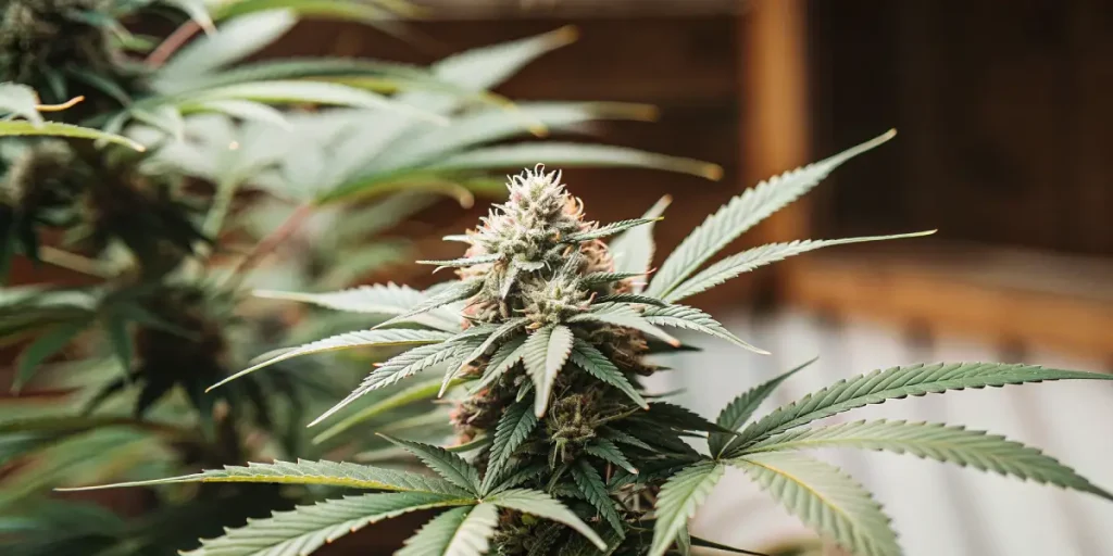 Gros plan hyperréaliste d’un bouton de cannabis mature avec trichomes visibles et feuilles en éventail.
