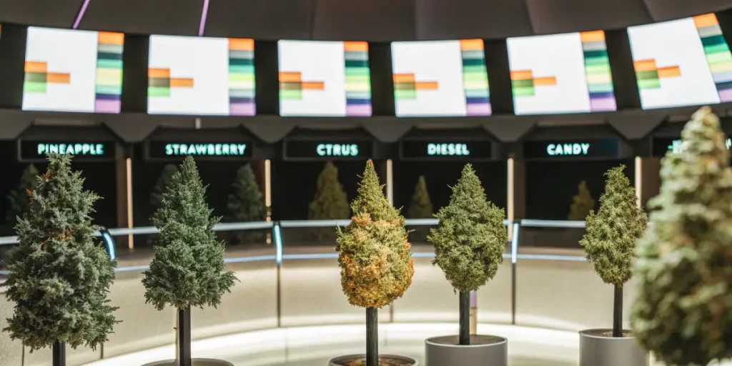 Hyper-realistic futuristic cannabis genetic laboratory with illuminated strain varieties.