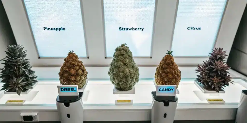 Hyper-realistic display of futuristic cannabis strains labeled Diesel and Candy in a genetic laboratory.