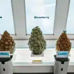 Hyper-realistic display of futuristic cannabis strains labeled Diesel and Candy in a genetic laboratory.