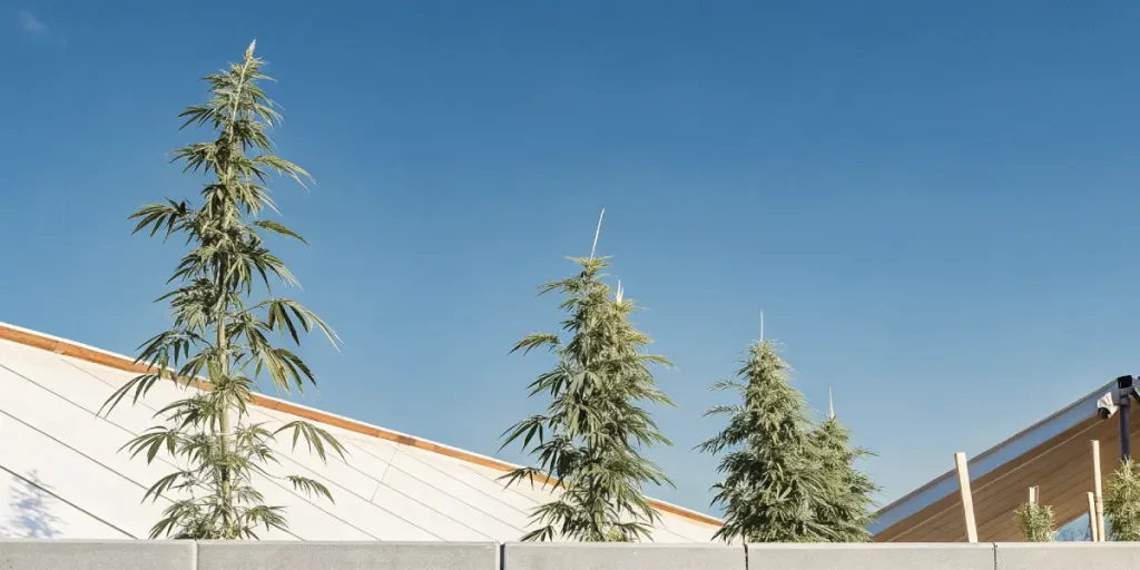 Hautes plantes de cannabis cultivées en extérieur sous un ciel bleu clair.