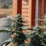 Gros plan d'un plant de cannabis à maturité poussant à l'extérieur, près d'un bâtiment en bois.