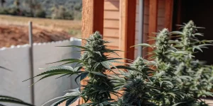 Gros plan d'un plant de cannabis à maturité poussant à l'extérieur, près d'un bâtiment en bois.