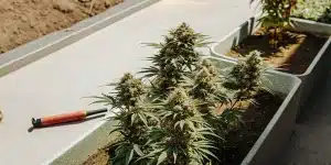 Têtes de cannabis matures poussant dans de longs pots de jardinage extérieurs.